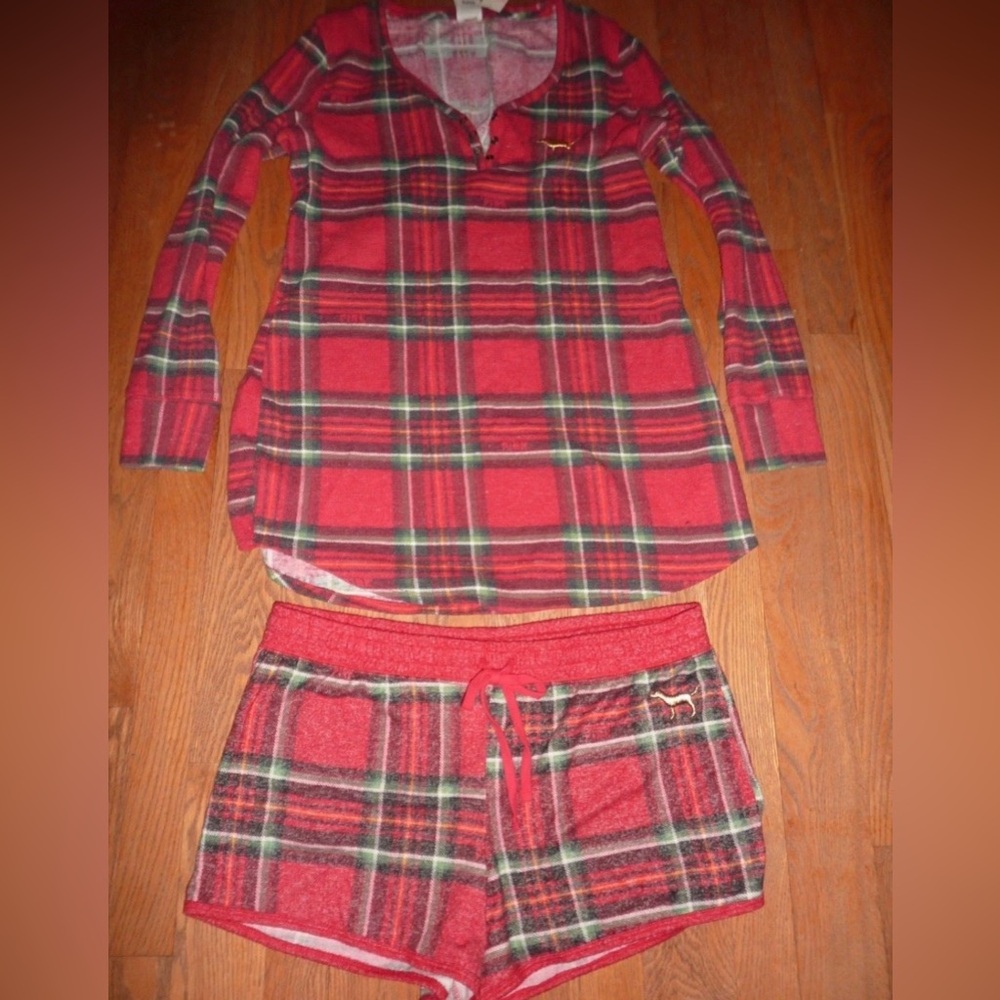 PINK Victoria's Secret Red and Green Plaid Pajama Top and shorts set